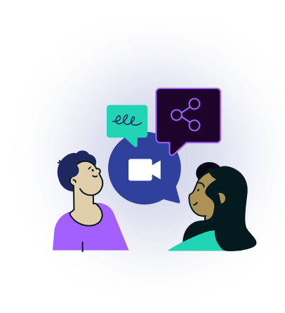 This is a 2D comic-style illustration of two people facing each other. Between them are three speech bubbles with different symbols: a green bubble with a squiggle, a purple bubble with a share icon, and a blue bubble with a video camera icon. The background is dark.
