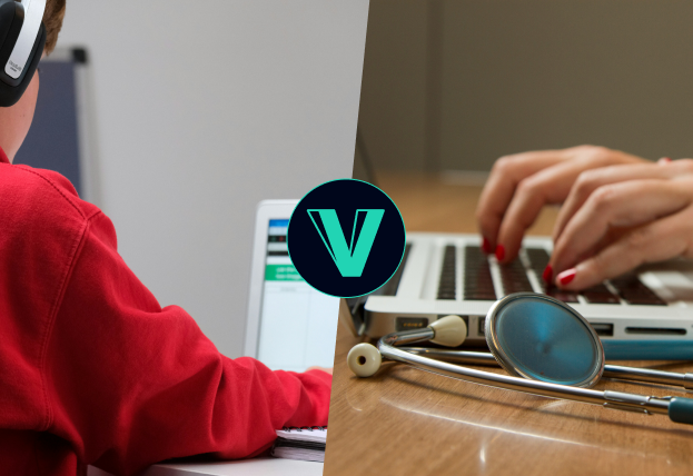Image Description: The image is divided diagonally: on the left, a person in a red shirt works on a laptop with an educational interface; on the right, hands with red nails type on a laptop with a stethoscope in front. The PIVOT icon is centered between the two scenes.