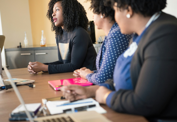 Image Description: Three professionals are seated at a table in a meeting. A woman with curly hair in a black top speaks while others listen attentively. Laptops and documents are on the table, indicating a collaborative workspace.