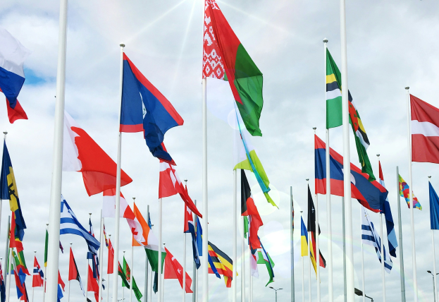 A vibrant display of international flags waving against a cloudy sky, symbolizing global unity and cultural diversity.