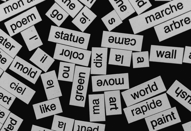 Image Description: Scattered bilingual word magnets on a black surface, showing English and French vocabulary used for creative expression.